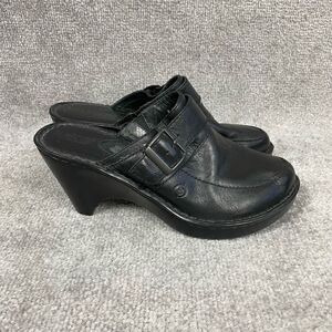 BOC Born Women’s 8 Black Leather Slip On Heeled Clogs Mules Buckle